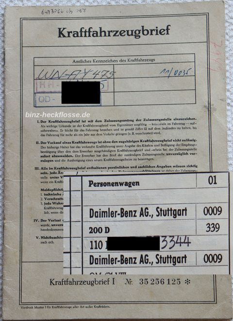 kfz-brief-mercedes-heckflosse-w110-200d-erstzul-1968